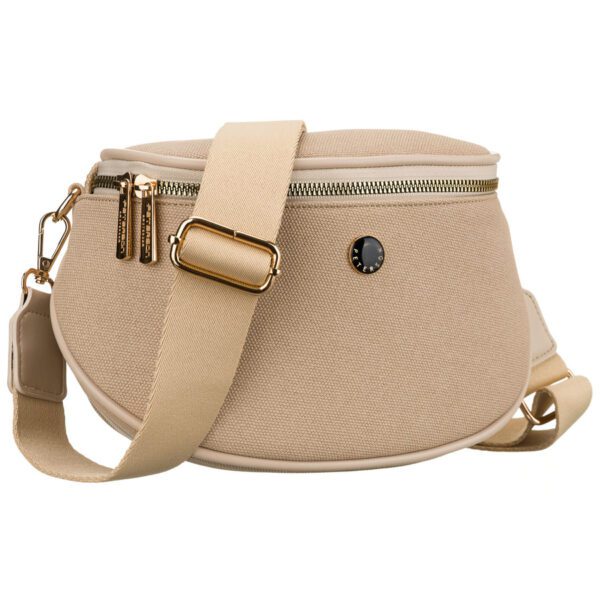 Béžová dámska crossbody kabelka so zipsom a nastaviteľným popruhom