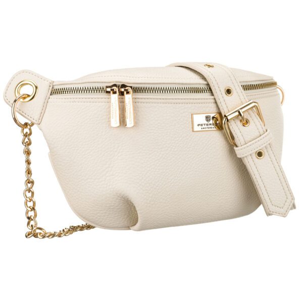 Béžová dámska crossbody kabelka z ekologickej kože so zipsom a ozdobným retiazkovým detailom