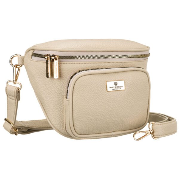 Béžová dámska crossbody kabelka z ekologickej kože so zlatými detailmi