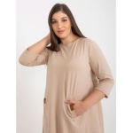 Dámske šaty s 3/4 rukávmi plus size mini DALENNE tmavo béžové