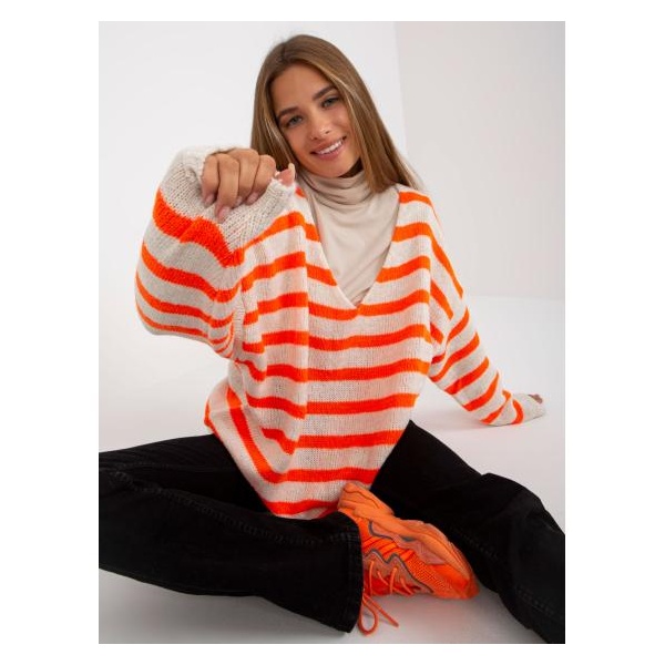 Dámsky sveter s výstrihom do V oversize OCH BELLA biely a oranžový