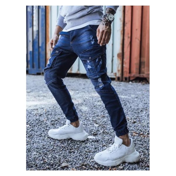 Pánske jogger riflové nohavice tmavo modré STREET