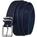 Tmavomodrý dámsky opasok z ekologickej kože so striebornou prackou
