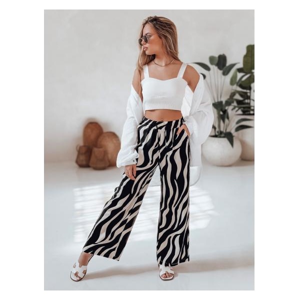 Dámske pruhované široké nohavice ZEBRAVIBE béžovo-čierne
