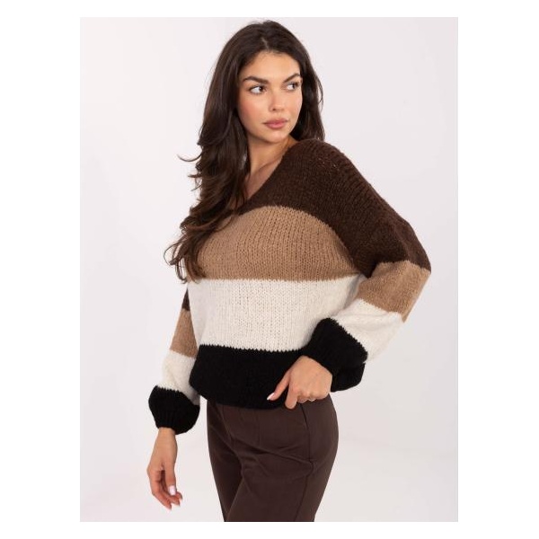 Hnedý a čierny oversized sveter s vlnou RUE PARIS