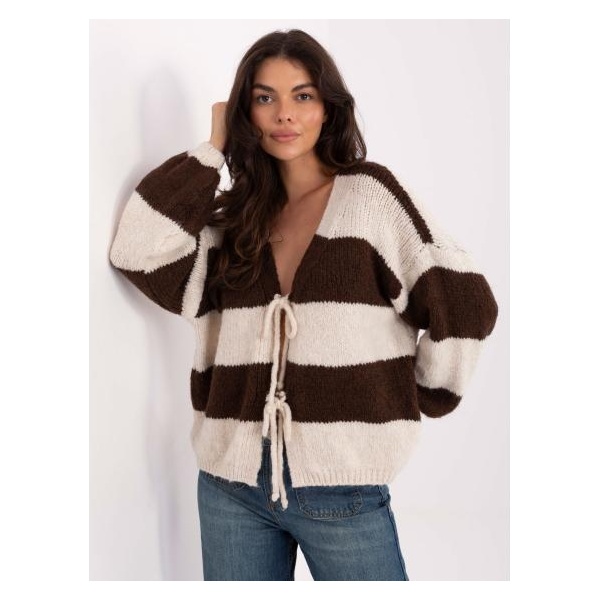 Oversized sveter v ecru a hnedej farbe s detailom na viazanie RUE PARIS