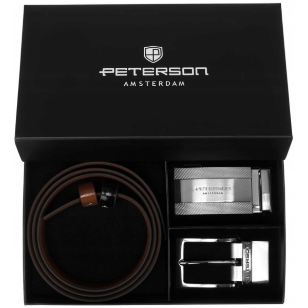 Set: obojstranný kožený opasok s vymeniteľnými prackami - Peterson - poškodená krabička