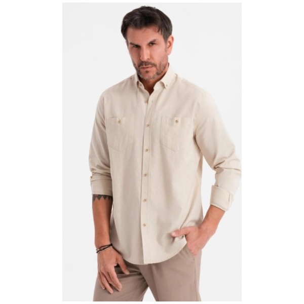 Atraktívna pánska krémová košeľa s dlhým rukávom V3 SHCS-0134 - XL