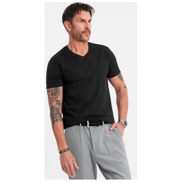 Basic bavlnené čierne tričko s V-výstrihom V1 TSBS-0237 - XXL