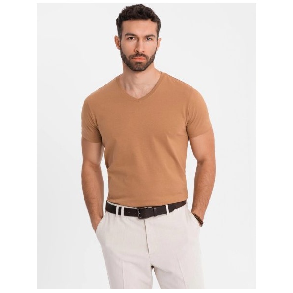 Basic bavlnené hnedé tričko s V-výstrihom V9 TSBS-0237 - XL