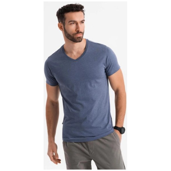Basic bavlnené modré melírované tričko s V-výstrihom V18 TSBS-0237 - XXL