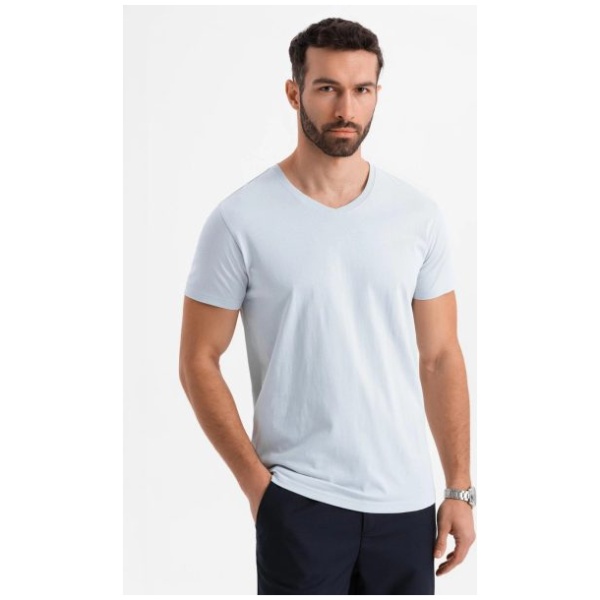 Basic bavlnené šedé tričko s V-výstrihom V23 TSBS-0237 - L