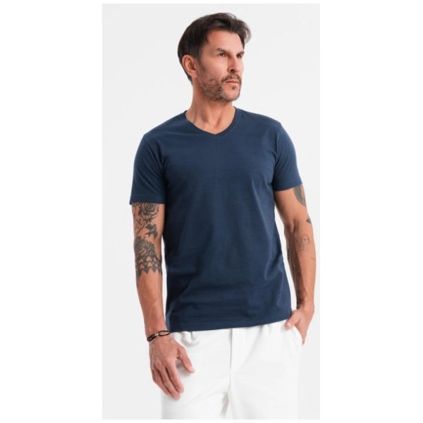 Basic bavlnené tmavomodré tričko s V-výstrihom V2 TSBS-0237 - XL