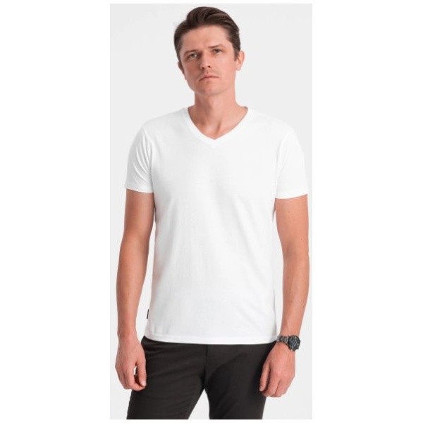 Bavlnené pánske biele tričko s V-výstrihom V4-TSBS-0145 - 4XL
