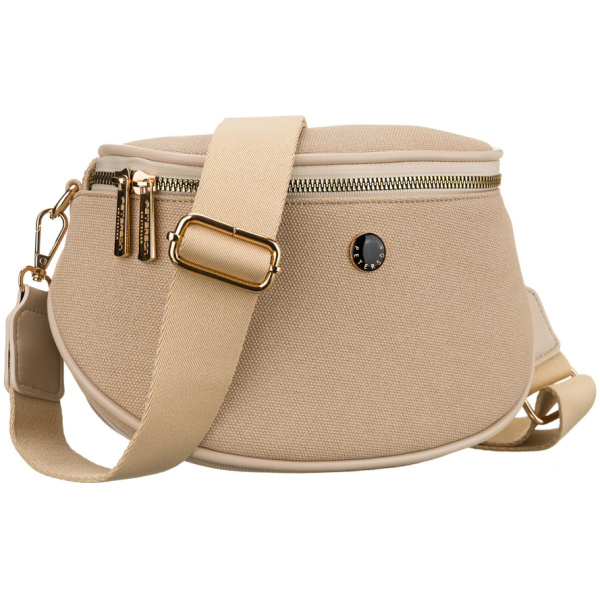 Béžová dámska crossbody kabelka so zipsom a nastaviteľným popruhom