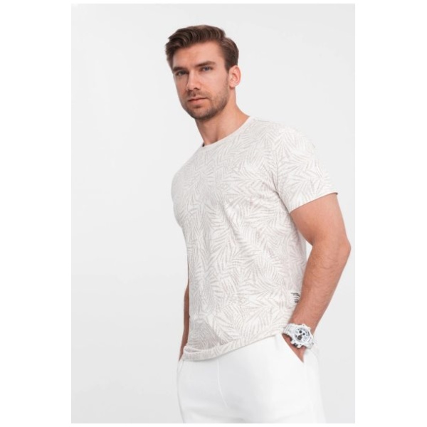 Béžové tričko potlač palmové listy V1 TSFP-0182 - XXL