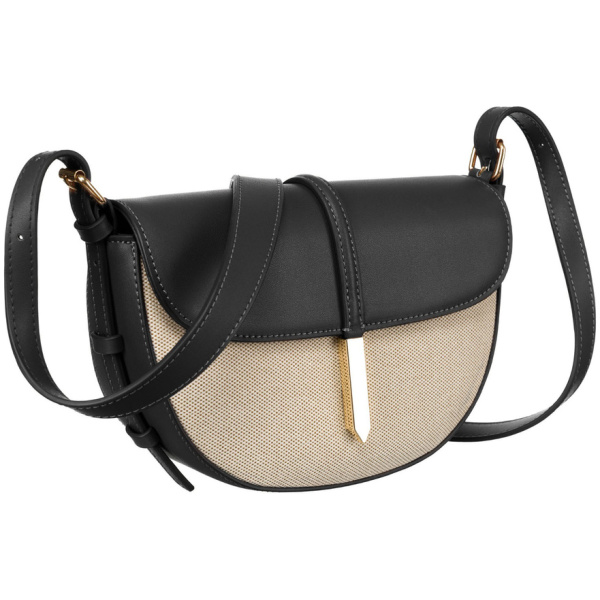 Béžovo-čierna dámska crossbody taška z prírodnej kože a canvas plátna – polkruhový tvar Peterson