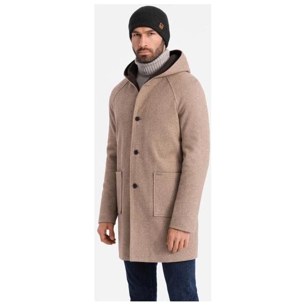 Béžový dlhý kabát s kapucňou V2 COWC-0122 - XXL