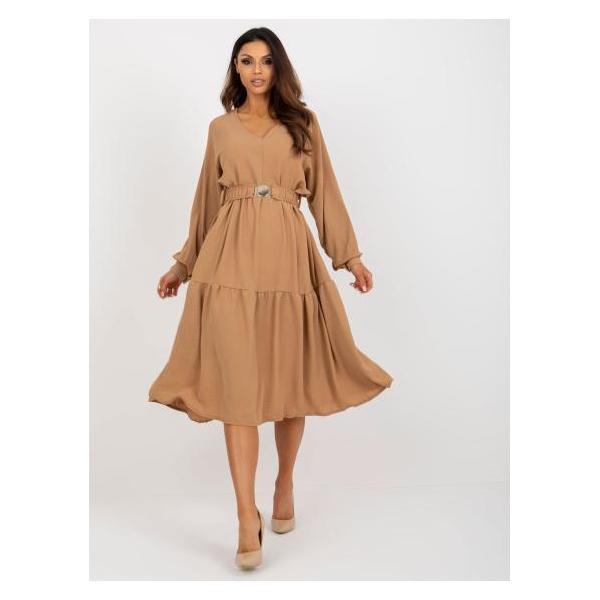 Dámske šaty s volánom midi oversize OCH BELLA hnedé