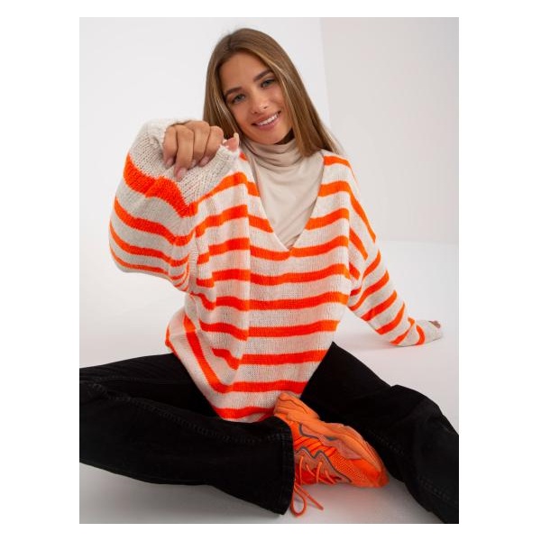 Dámsky sveter s výstrihom do V oversize OCH BELLA biely a oranžový