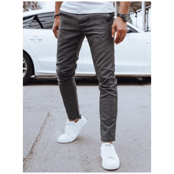 Elegantné nohavice v šedej farbe s károvaným vzorom - 32