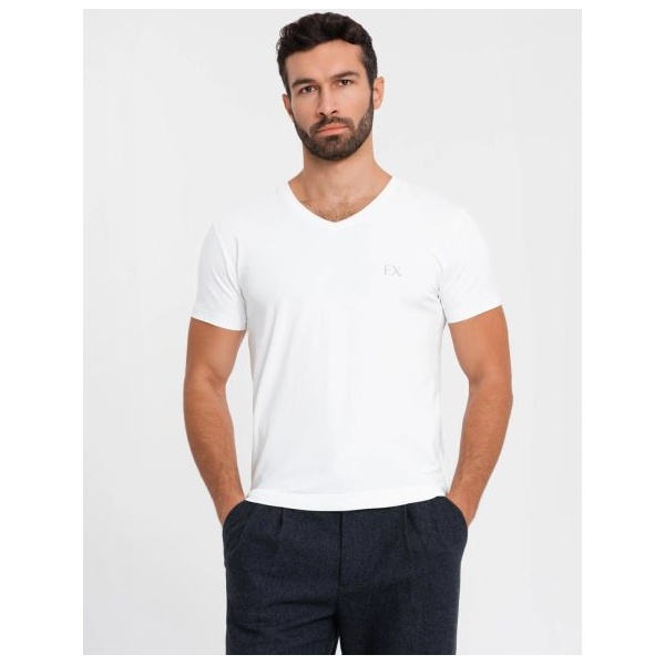 Jedinečné biele tričko s V- výstrihom a s logom V2 TSBC-0221 - L