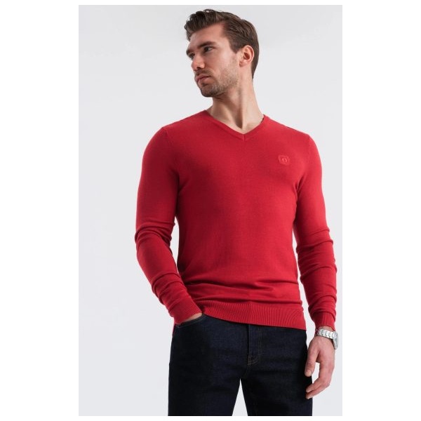 Klasický červený sveter s véčkovým výstrihom V20 SWBS-0107 - XXL