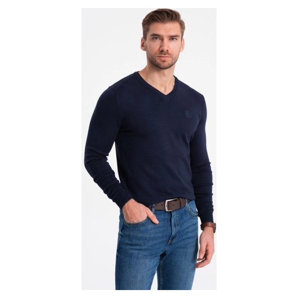 Klasický tmavo modrý sveter s véčkovým výstrihom V22 SWBS-0107 - L