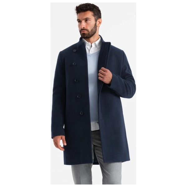Moderný tmavo modrý kabát s vysokým golierom V3 COWC-0120 - XXL