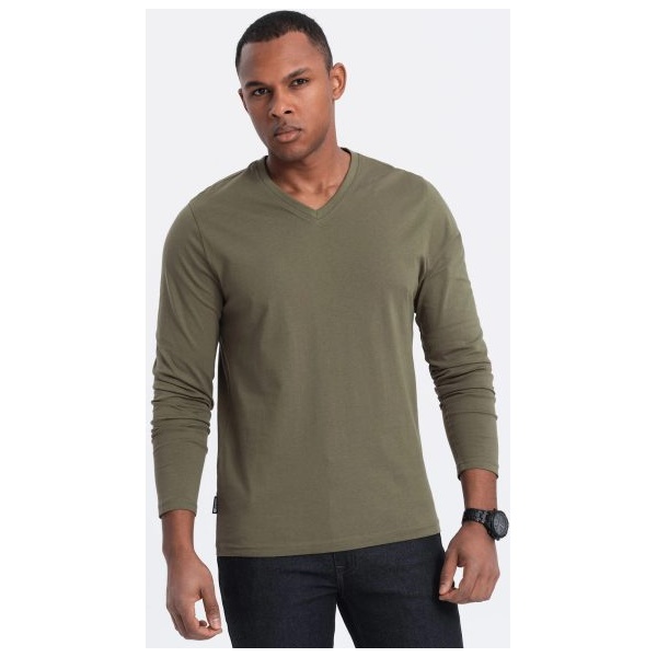 Olivové tričko s dlhým rukávom a V-výstrihom V2 LSBL-0108 - XXL