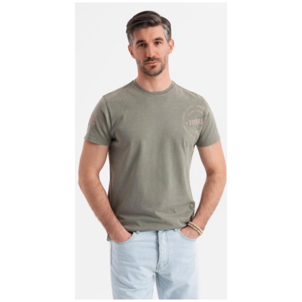 Pánske olivové tričko s trendy nápisom V2 TSFP-0225 - M