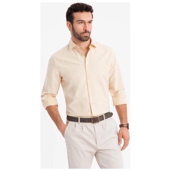 Trendy pánska pastelová žltá košeľa s dlhým rukávom V3 SHOS-0183 - XXL
