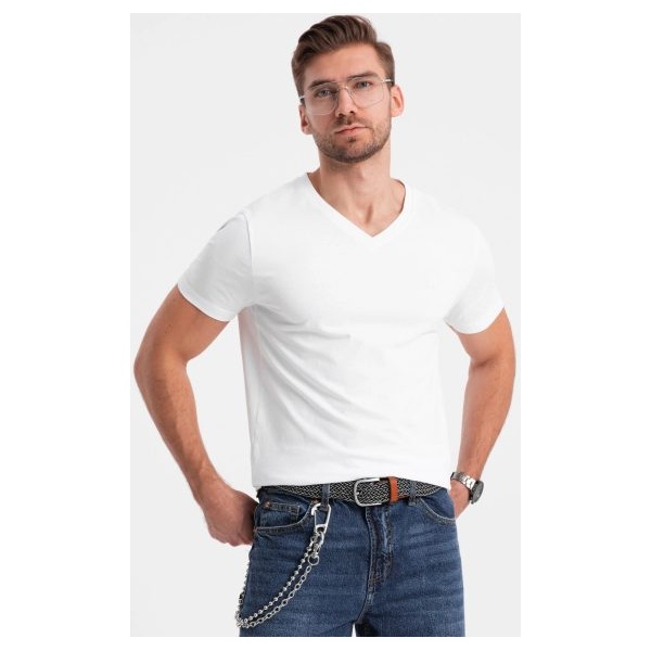 Trendy pánske biele tričko s V-výstrihom V1 TSCT-0106 - L