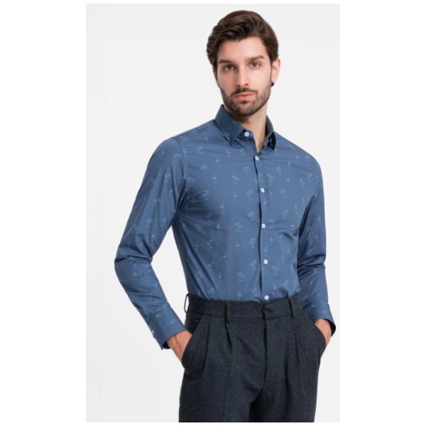 Zaujímavá tmavo modrá košeľa s trendy letným vzorom V5 SHCS-0156 - S