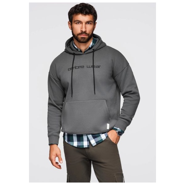 Cool šedá mikina s kapucňou a nápisom na hrudi V2 OM-SSNZ-0241 - XXL