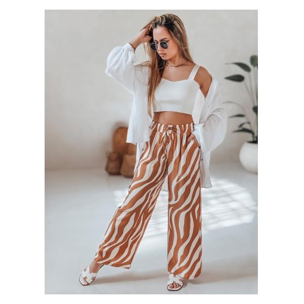 Dámske pruhované nohavice ZEBRAVIBE so širokými nohavicami béžovo-čierne