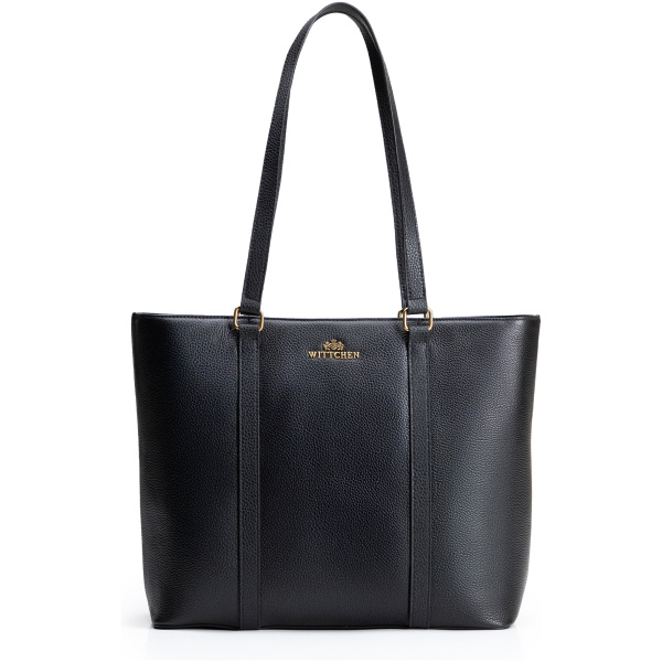 Elegantná dámska shopper kabelka z prírodnej kože čierno-zlatá 102-4E-209-1G