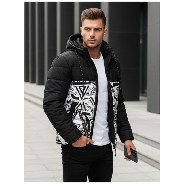 Moderná zimná čierna bunda s potlačou - XXL