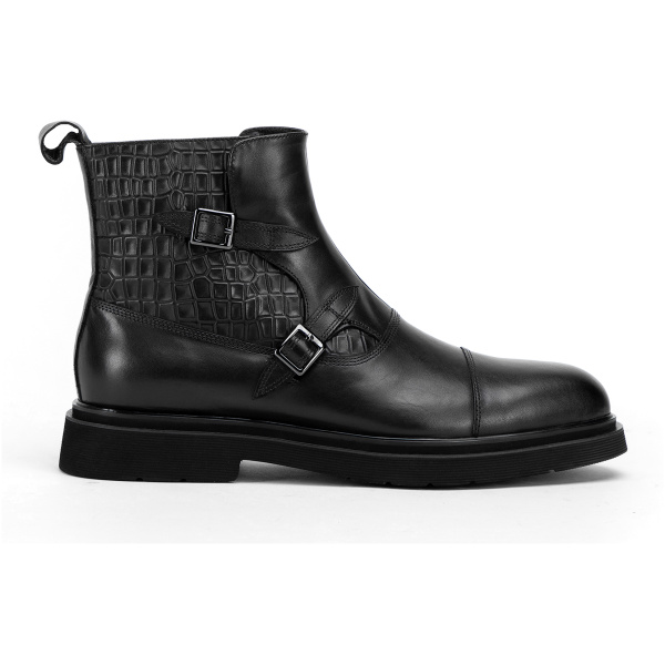 Pánske kožené členkové topánky so vsadkami croco čierne 99-M-508-1