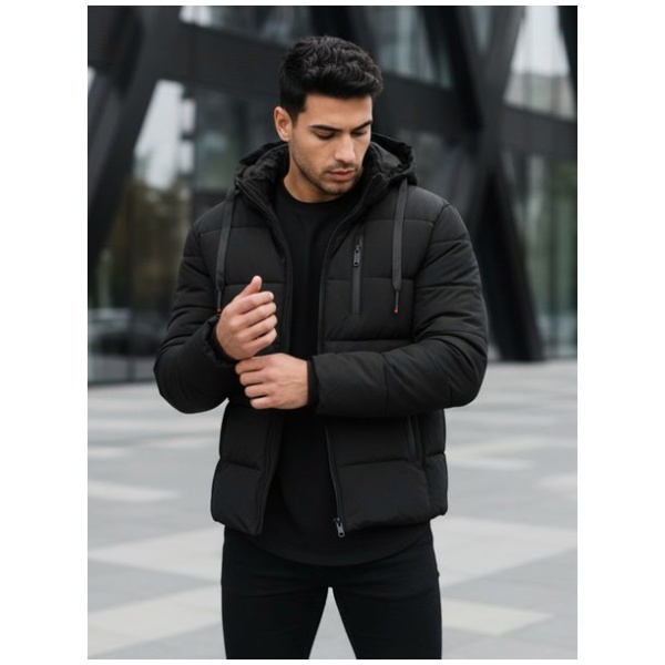 Trendy čierna bunda na zimu s kapucňou - XXL
