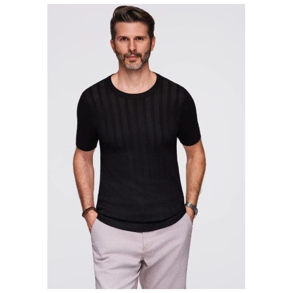 Trendy pánsky čierny sveter s krátkym rukávom V2 TSCT-0251 - M