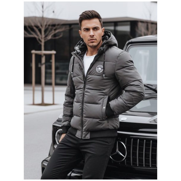 Trendy zimná bunda s kapucňou v šedom prevedení - S