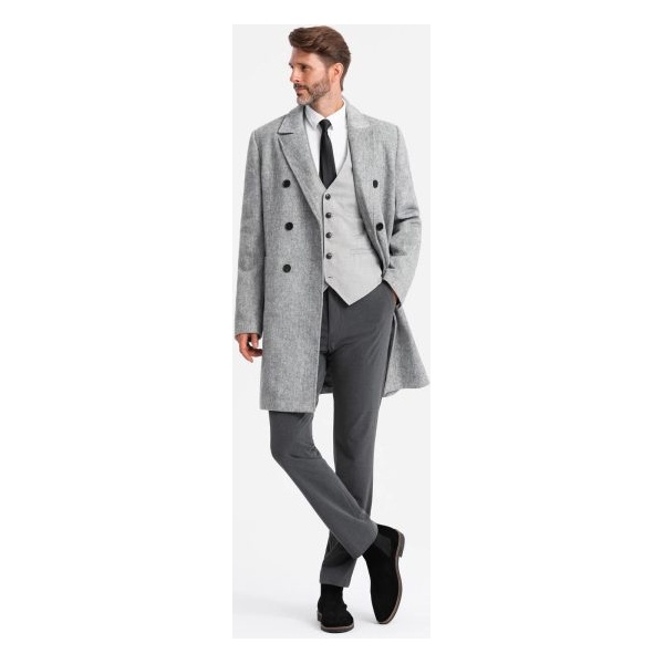 Elegantný pánsky šedý dvojradový kabát V1 COWC-0118 - L