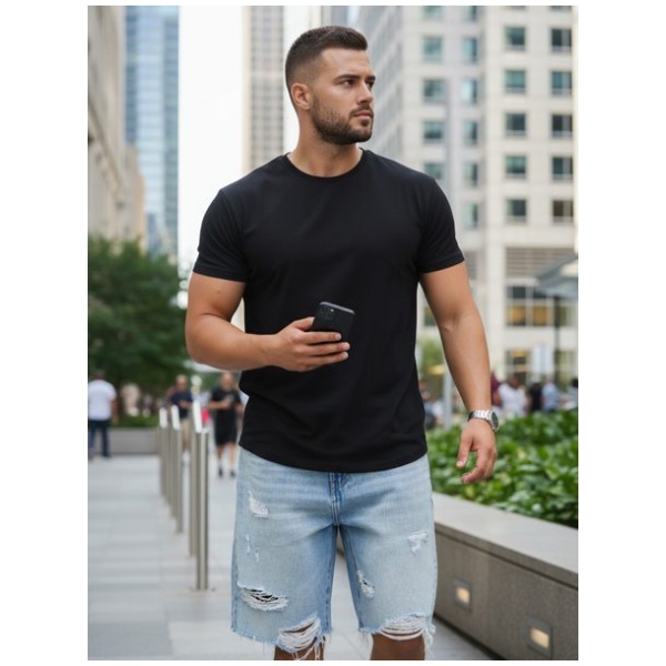 Jednofarebné čierne tričko bez potlače (Plus Size) - 4XL
