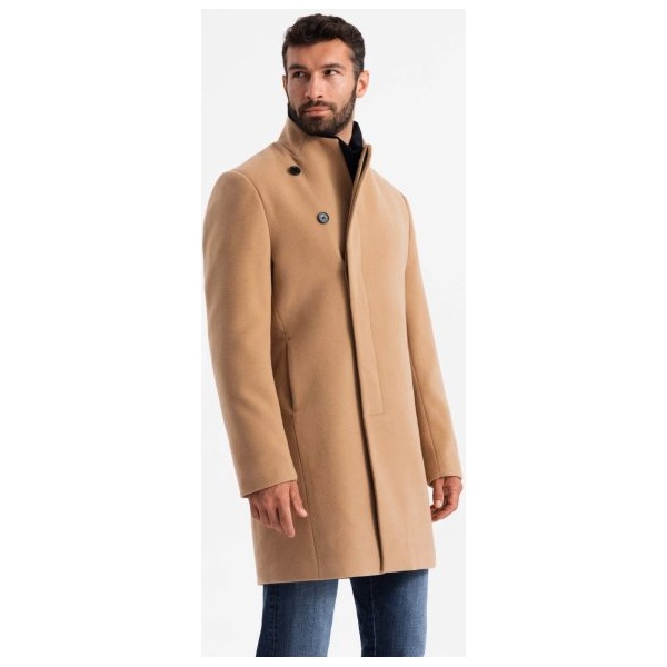 Moderný svetlo hnedý kabát s vysokým golierom V4 COWC-0120 - XXL