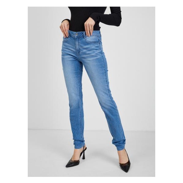Modré dámske pruhované skinny fit džínsy