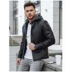 Trendy čierna koženková bunda s kapucňou - XL