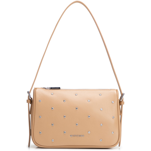 Béžová crossbody kabelka z prírodnej kože s ozdobnými zirkónmi 102-4E-619-9