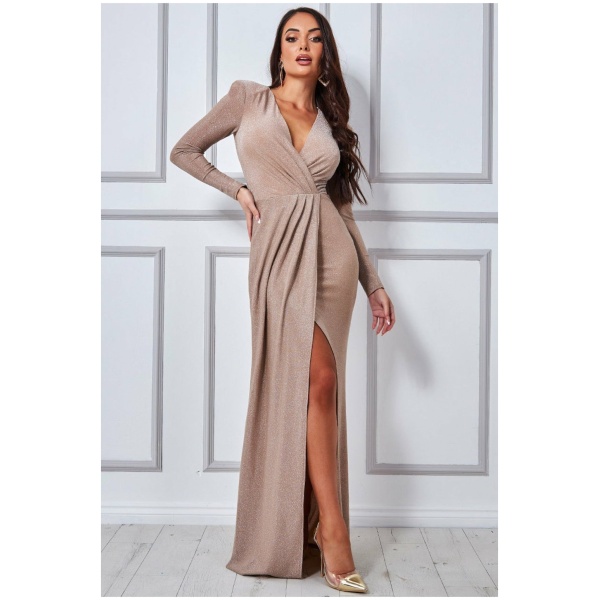 Béžové spoločenské šaty s rozparkom Veľkosť: M