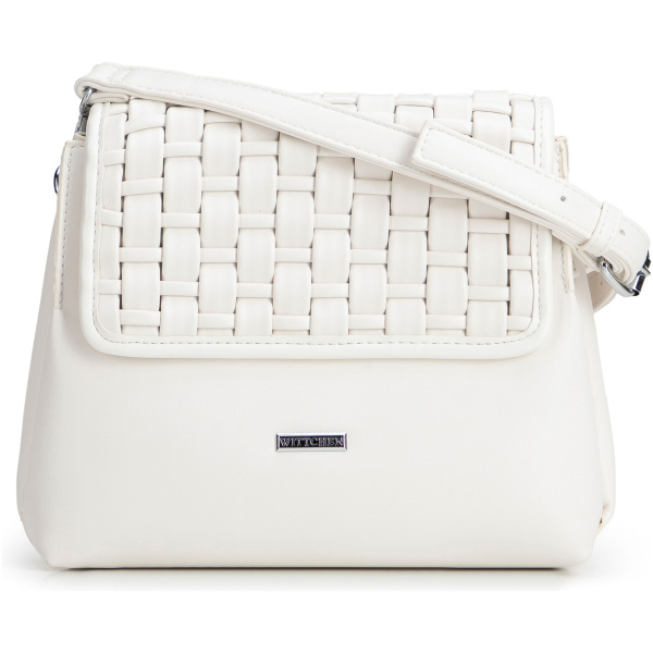 Biela dvojkomorová crossbody kabelka s pleteným detailom a klopou 94-4Y-608-0